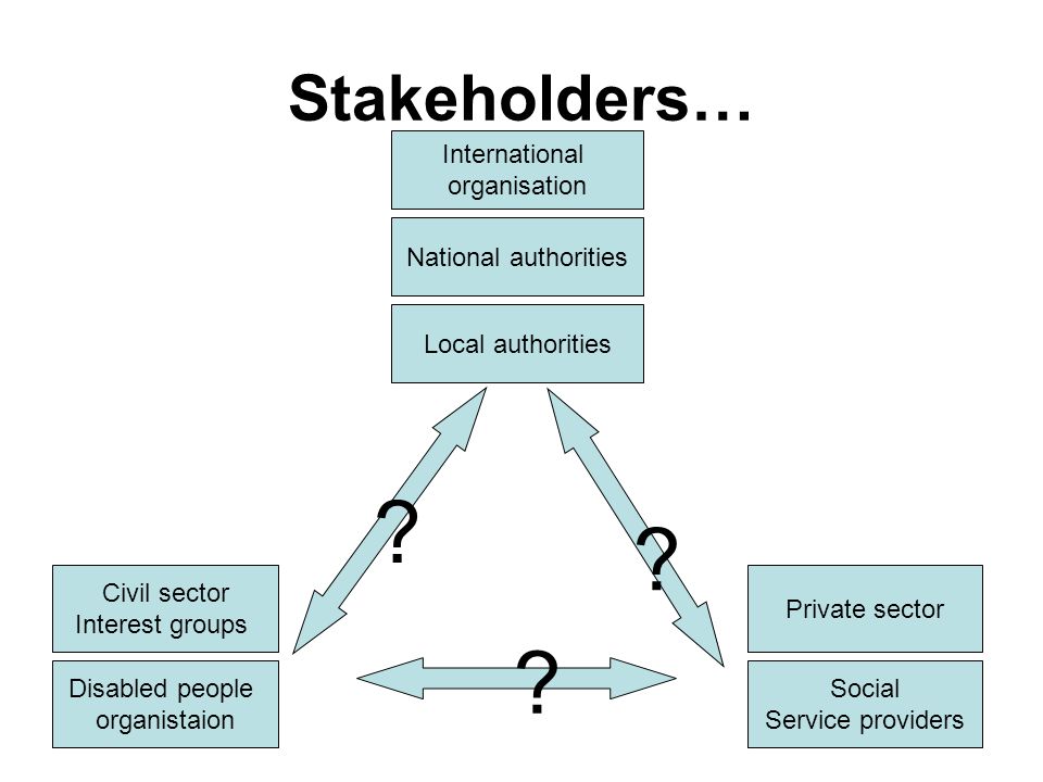 Stakeholders… International organisation Local authorities Civil sector Interest groups Disabled people organistaion Social Service providers Private sector .