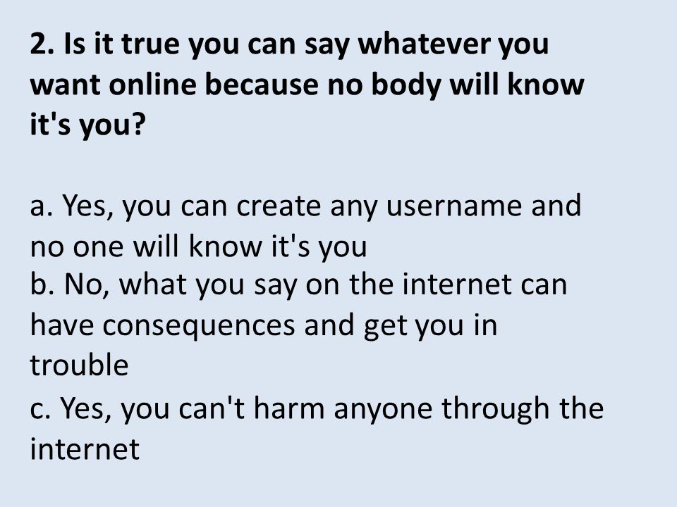 2. Is it true you can say whatever you want online because no body will know it s you.