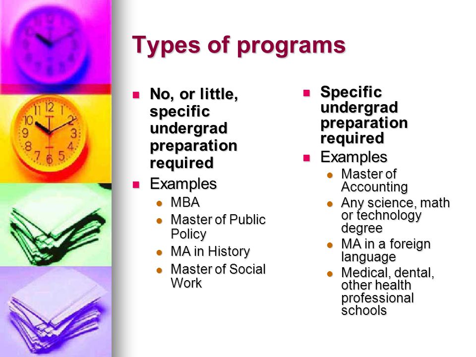 Types of programs No, or little, specific undergrad preparation required No, or little, specific undergrad preparation required Examples Examples MBA MBA Master of Public Policy Master of Public Policy MA in History MA in History Master of Social Work Master of Social Work Specific undergrad preparation required Specific undergrad preparation required Examples Examples Master of Accounting Any science, math or technology degree MA in a foreign language Medical, dental, other health professional schools