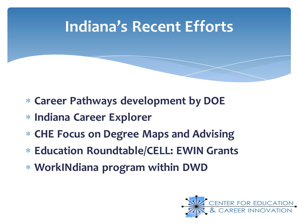 Career Pathways development by DOE Indiana Career Explorer CHE Focus on Degree Maps and Advising Education Roundtable/CELL: EWIN Grants WorkINdiana program within DWD Indianas Recent Efforts