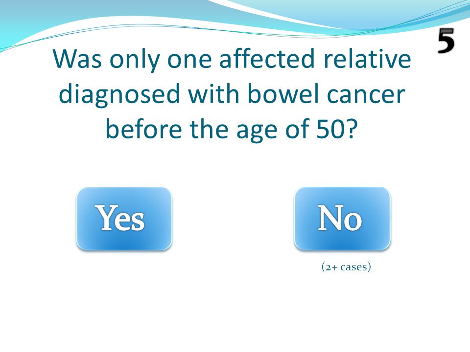(2+ cases) Was only one affected relative diagnosed with bowel cancer before the age of 50