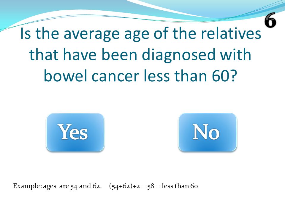 Is the average age of the relatives that have been diagnosed with bowel cancer less than 60.