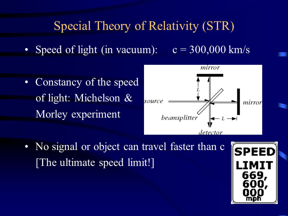 Special Theory of Relativity (STR) Speed of light (in vacuum): c = 300,000 km/s Constancy of the speed of light: Michelson & Morley experiment No signal or object can travel faster than c [The ultimate speed limit!]
