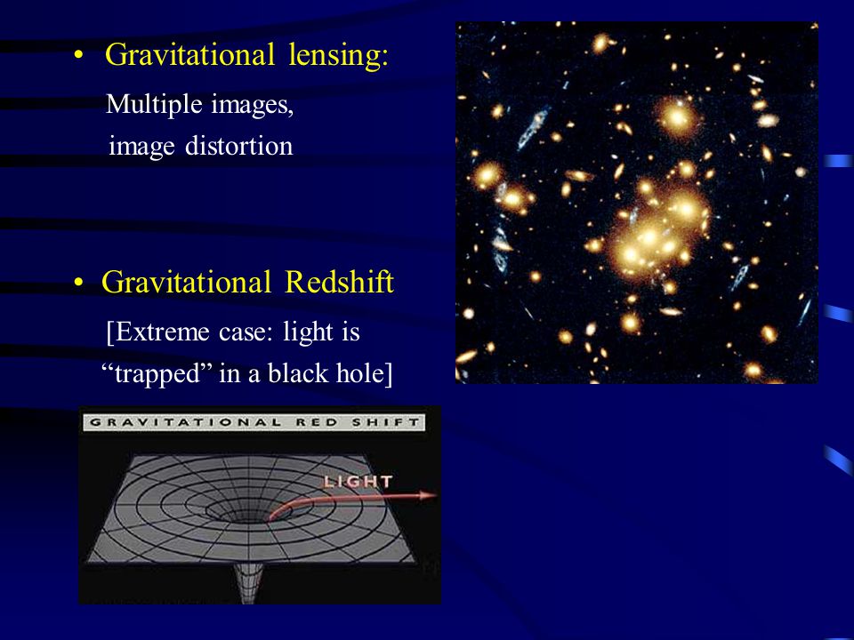 Gravitational lensing: Multiple images, image distortion Gravitational Redshift [Extreme case: light is trapped in a black hole]