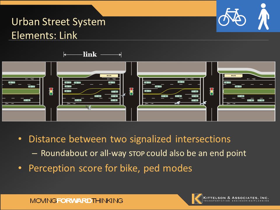 Urban Street System Elements: Link Distance between two signalized intersections – Roundabout or all-way STOP could also be an end point Perception score for bike, ped modes link
