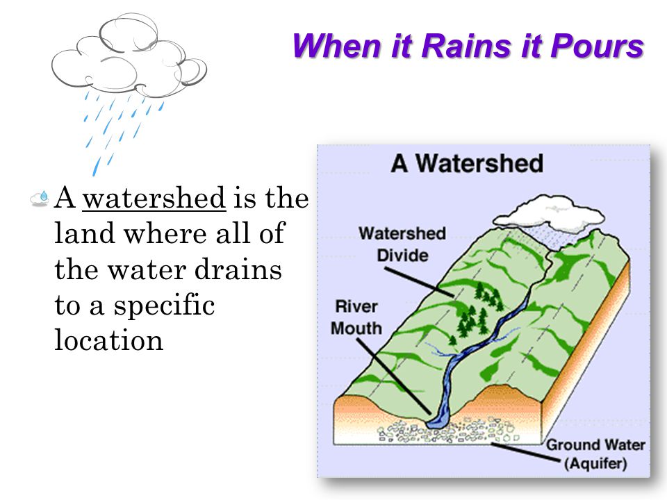 When it Rains it Pours A watershed is the land where all of the water drains to a specific location