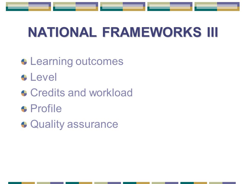 NATIONAL FRAMEWORKS III Learning outcomes Level Credits and workload Profile Quality assurance