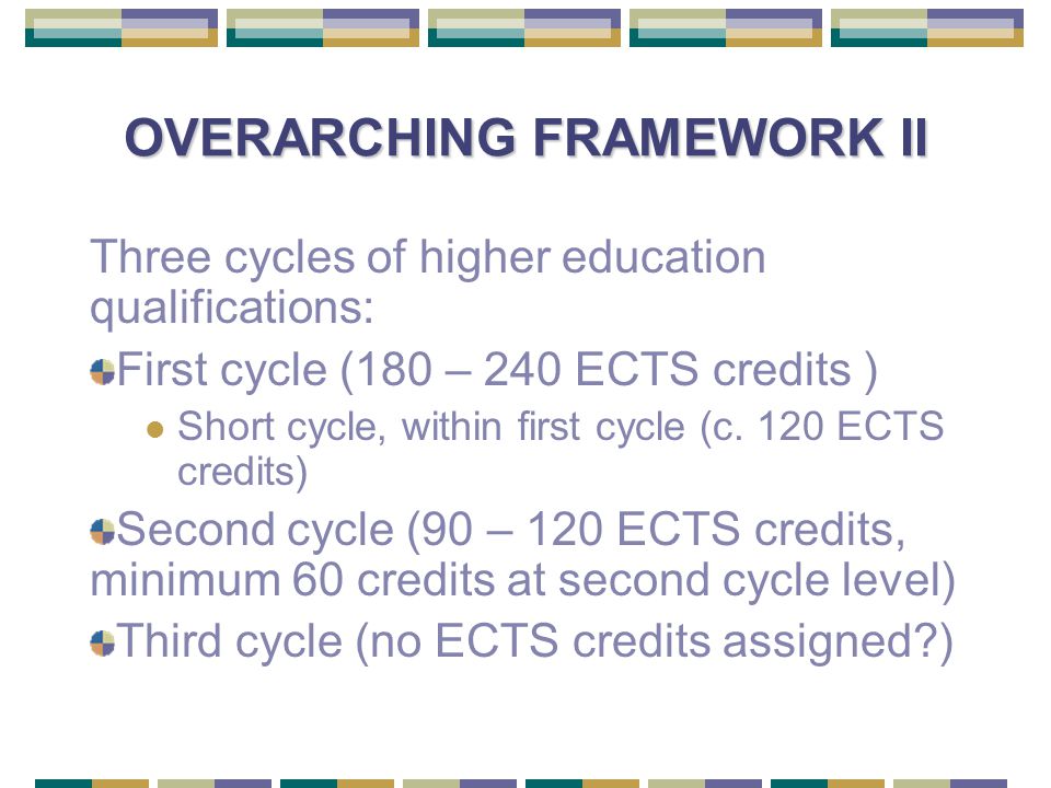 OVERARCHING FRAMEWORK II Three cycles of higher education qualifications: First cycle (180 – 240 ECTS credits ) Short cycle, within first cycle (c.