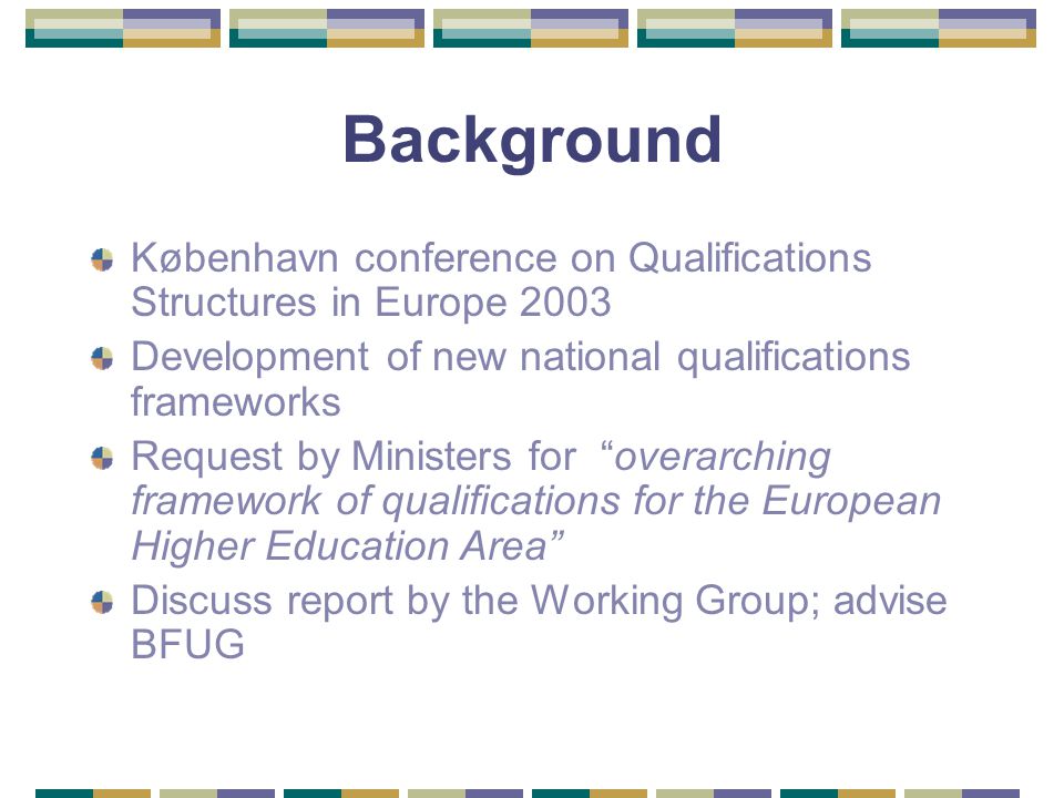 Background København conference on Qualifications Structures in Europe 2003 Development of new national qualifications frameworks Request by Ministers for overarching framework of qualifications for the European Higher Education Area Discuss report by the Working Group; advise BFUG