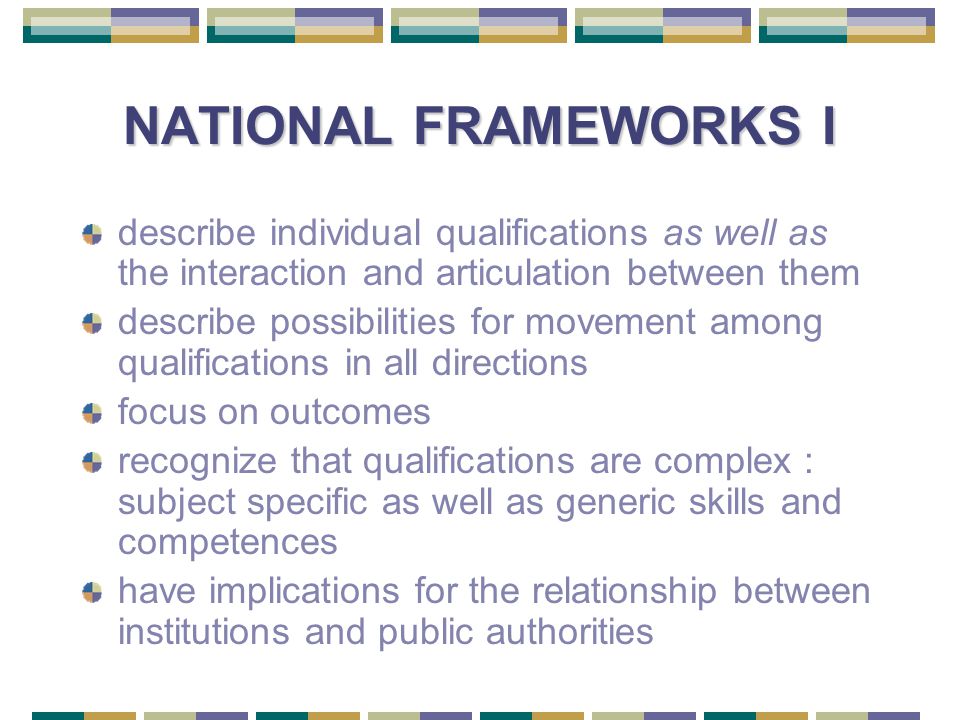 NATIONAL FRAMEWORKS I describe individual qualifications as well as the interaction and articulation between them describe possibilities for movement among qualifications in all directions focus on outcomes recognize that qualifications are complex : subject specific as well as generic skills and competences have implications for the relationship between institutions and public authorities