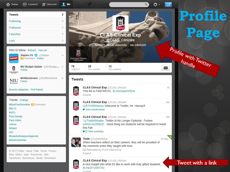 Profile Page Profile with Twitter handle Tweet with a link