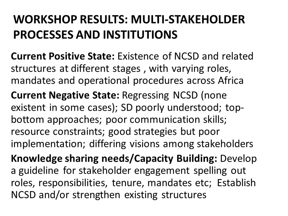 WORKSHOP RESULTS: MULTI-STAKEHOLDER PROCESSES AND INSTITUTIONS Current Positive State: Existence of NCSD and related structures at different stages, with varying roles, mandates and operational procedures across Africa Current Negative State: Regressing NCSD (none existent in some cases); SD poorly understood; top- bottom approaches; poor communication skills; resource constraints; good strategies but poor implementation; differing visions among stakeholders Knowledge sharing needs/Capacity Building: Develop a guideline for stakeholder engagement spelling out roles, responsibilities, tenure, mandates etc; Establish NCSD and/or strengthen existing structures