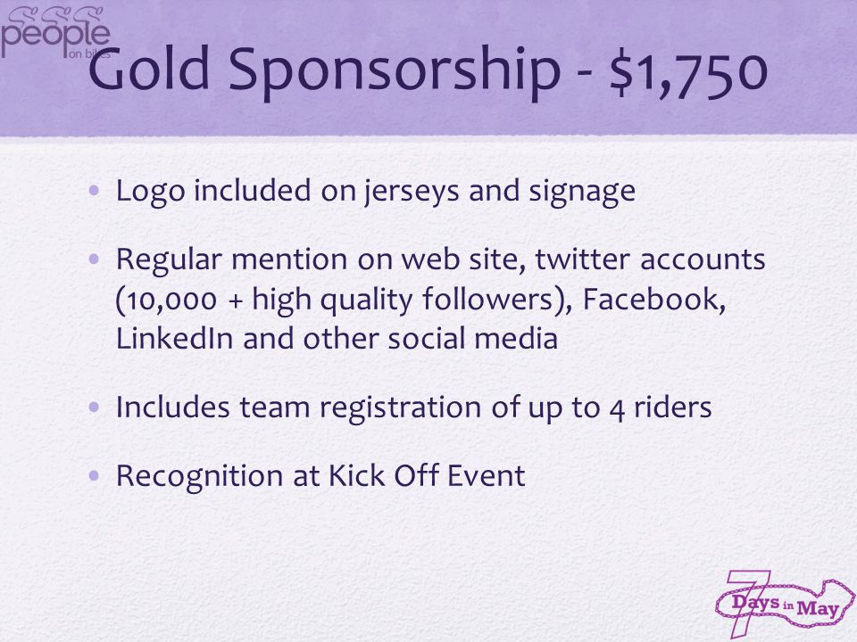 Gold Sponsorship - $1,750 Logo included on jerseys and signage Regular mention on web site, twitter accounts (10,000 + high quality followers), Facebook, LinkedIn and other social media Includes team registration of up to 4 riders Recognition at Kick Off Event