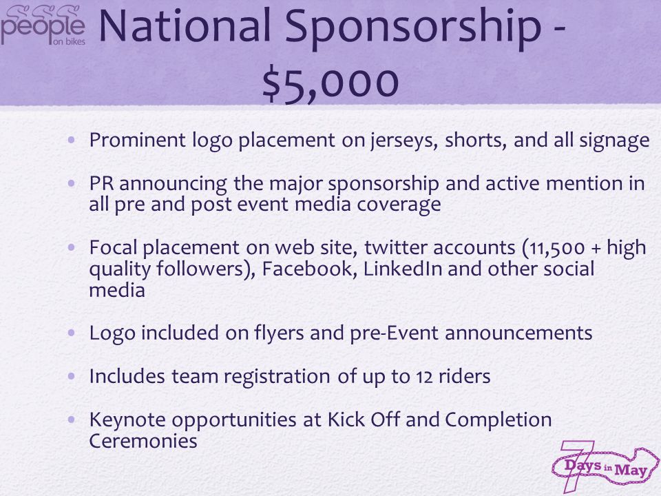 National Sponsorship - $5,000 Prominent logo placement on jerseys, shorts, and all signage PR announcing the major sponsorship and active mention in all pre and post event media coverage Focal placement on web site, twitter accounts (11,500 + high quality followers), Facebook, LinkedIn and other social media Logo included on flyers and pre-Event announcements Includes team registration of up to 12 riders Keynote opportunities at Kick Off and Completion Ceremonies
