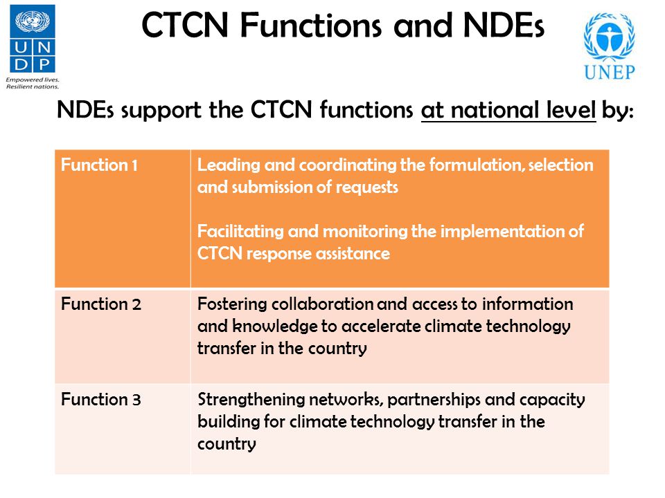 CTCN Functions and NDEs NDEs support the CTCN functions at national level by: Function 1Leading and coordinating the formulation, selection and submission of requests Facilitating and monitoring the implementation of CTCN response assistance Function 2Fostering collaboration and access to information and knowledge to accelerate climate technology transfer in the country Function 3Strengthening networks, partnerships and capacity building for climate technology transfer in the country
