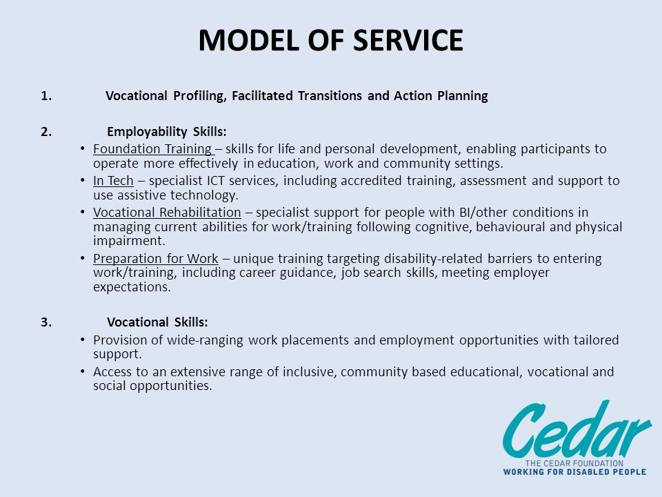 MODEL OF SERVICE 1.Vocational Profiling, Facilitated Transitions and Action Planning 2.Employability Skills: Foundation Training – skills for life and personal development, enabling participants to operate more effectively in education, work and community settings.