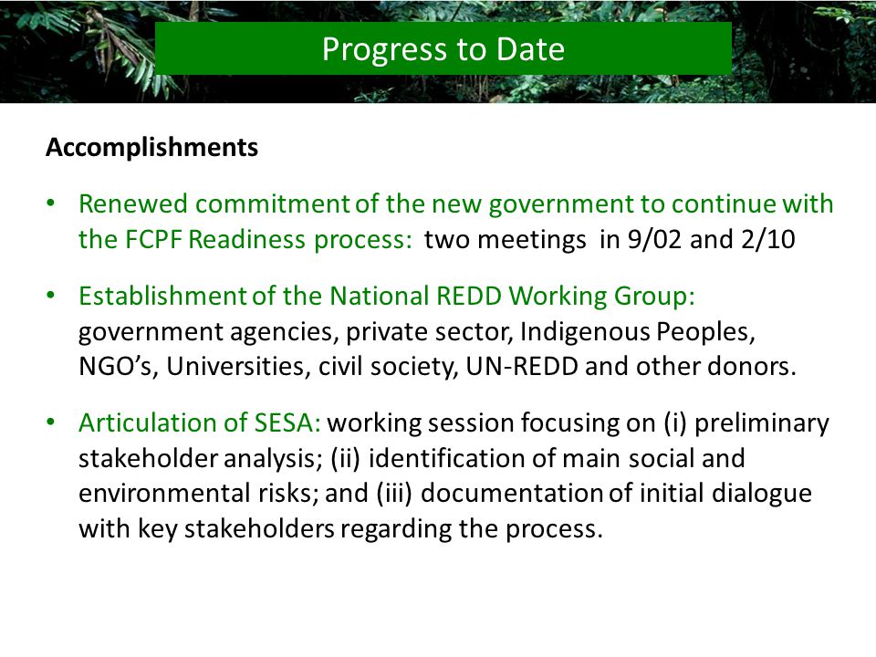 Accomplishments Renewed commitment of the new government to continue with the FCPF Readiness process: two meetings in 9/02 and 2/10 Establishment of the National REDD Working Group: government agencies, private sector, Indigenous Peoples, NGOs, Universities, civil society, UN-REDD and other donors.