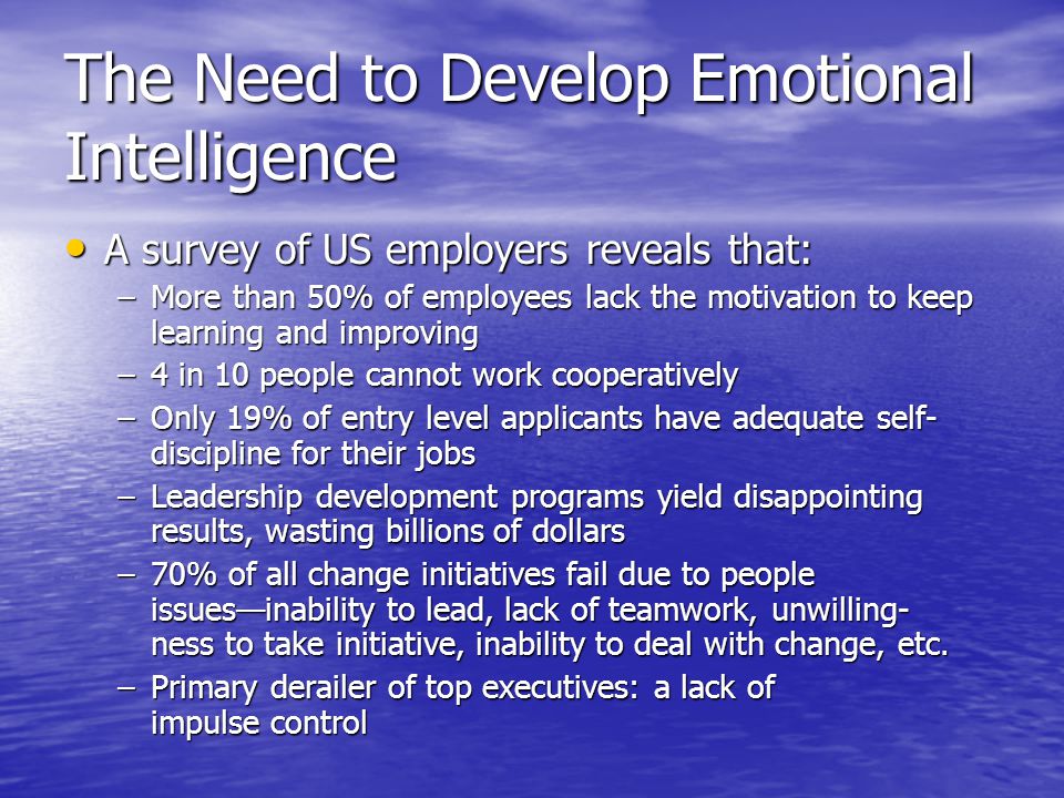 The Need to Develop Emotional Intelligence A survey of US employers reveals that: A survey of US employers reveals that: –More than 50% of employees lack the motivation to keep learning and improving –4 in 10 people cannot work cooperatively –Only 19% of entry level applicants have adequate self- discipline for their jobs –Leadership development programs yield disappointing results, wasting billions of dollars –70% of all change initiatives fail due to people issuesinability to lead, lack of teamwork, unwilling- ness to take initiative, inability to deal with change, etc.