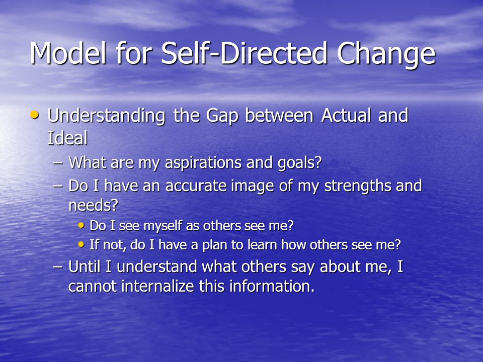 Understanding the Gap between Actual and Ideal Understanding the Gap between Actual and Ideal –What are my aspirations and goals.