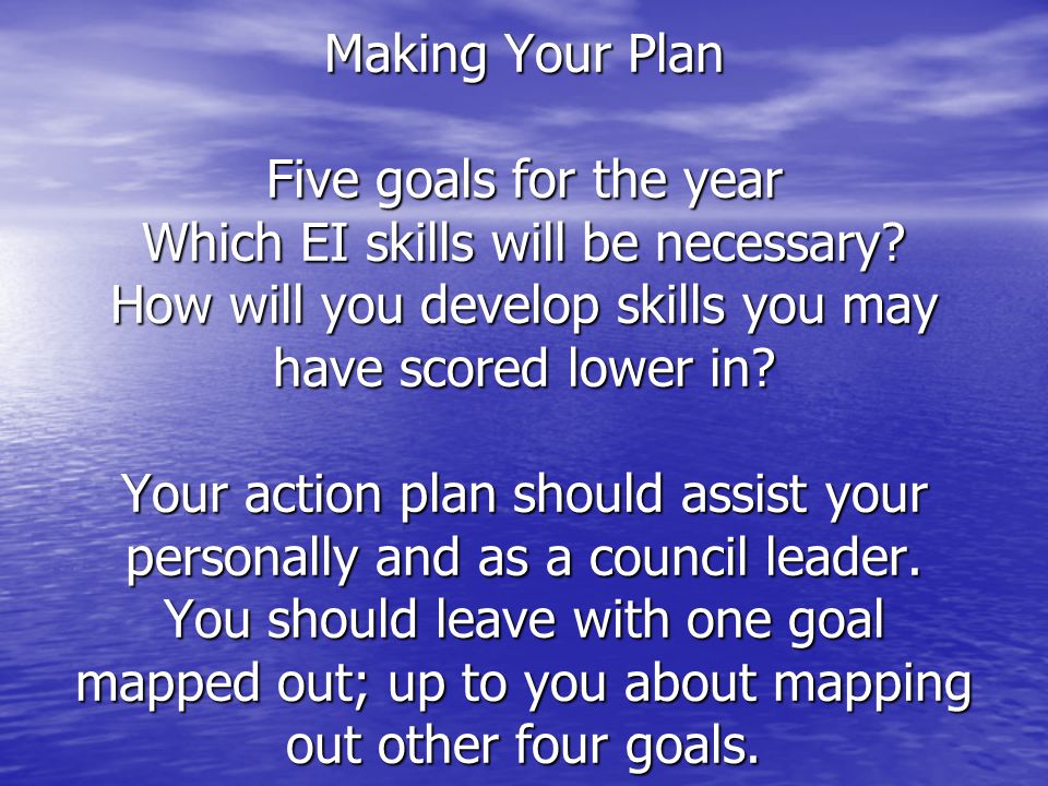 Making Your Plan Five goals for the year Which EI skills will be necessary.