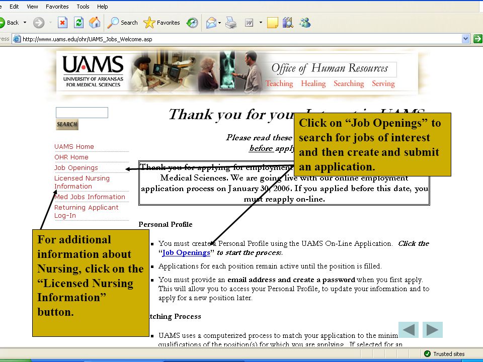 Click on Job Openings to search for jobs of interest and then create and submit an application.