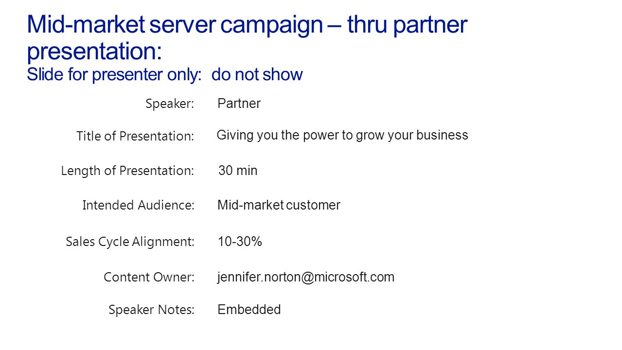 Mid-market server campaign – thru partner presentation: Slide for presenter only: do not show Speaker: Partner Title of Presentation: Giving you the power to grow your business Length of Presentation: 30 min Intended Audience: Mid-market customer Sales Cycle Alignment: 10-30% Content Owner: Speaker Notes: Embedded