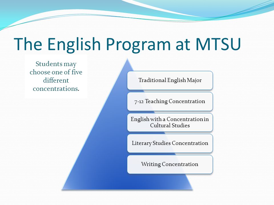 The English Program at MTSU Traditional English Major7-12 Teaching Concentration English with a Concentration in Cultural Studies Literary Studies ConcentrationWriting Concentration Students may choose one of five different concentrations.