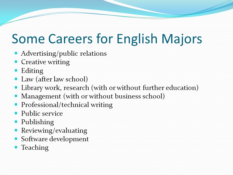 Some Careers for English Majors Advertising/public relations Creative writing Editing Law (after law school) Library work, research (with or without further education) Management (with or without business school) Professional/technical writing Public service Publishing Reviewing/evaluating Software development Teaching