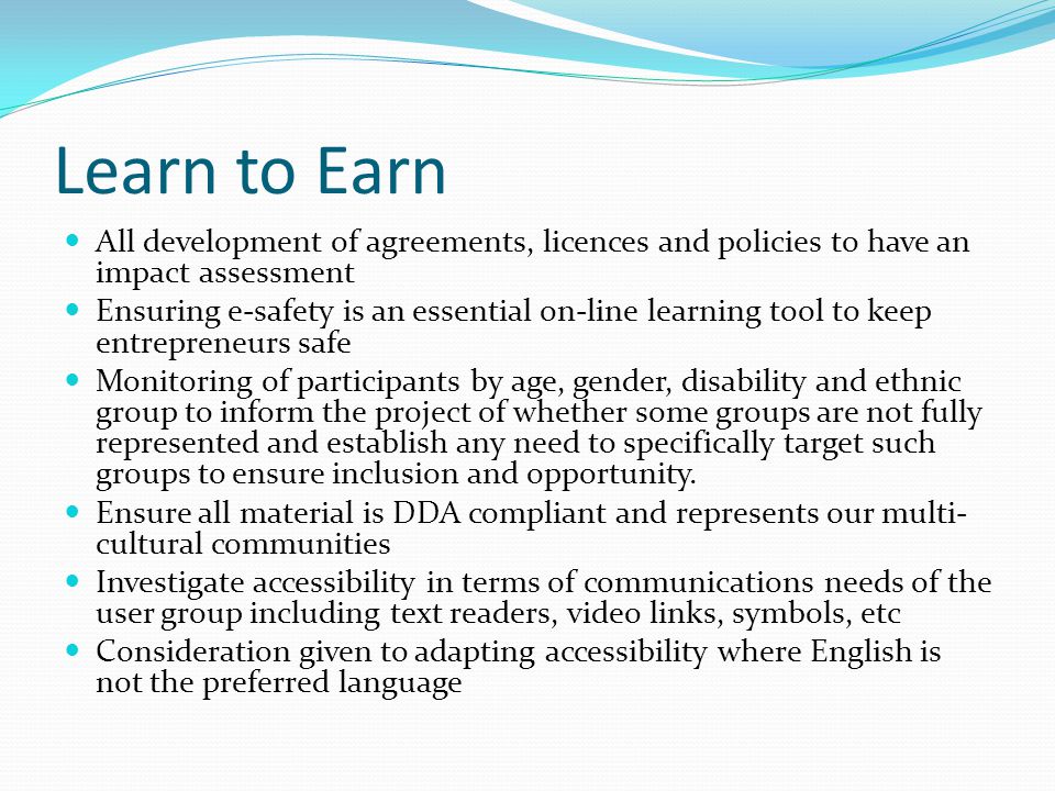 Learn to Earn All development of agreements, licences and policies to have an impact assessment Ensuring e-safety is an essential on-line learning tool to keep entrepreneurs safe Monitoring of participants by age, gender, disability and ethnic group to inform the project of whether some groups are not fully represented and establish any need to specifically target such groups to ensure inclusion and opportunity.