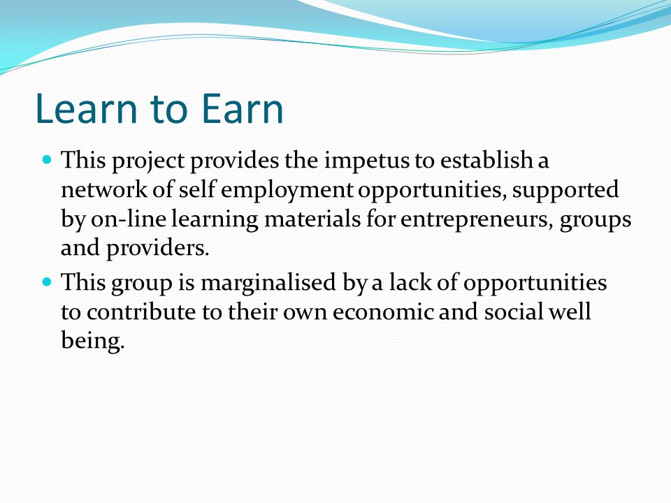 Learn to Earn This project provides the impetus to establish a network of self employment opportunities, supported by on-line learning materials for entrepreneurs, groups and providers.