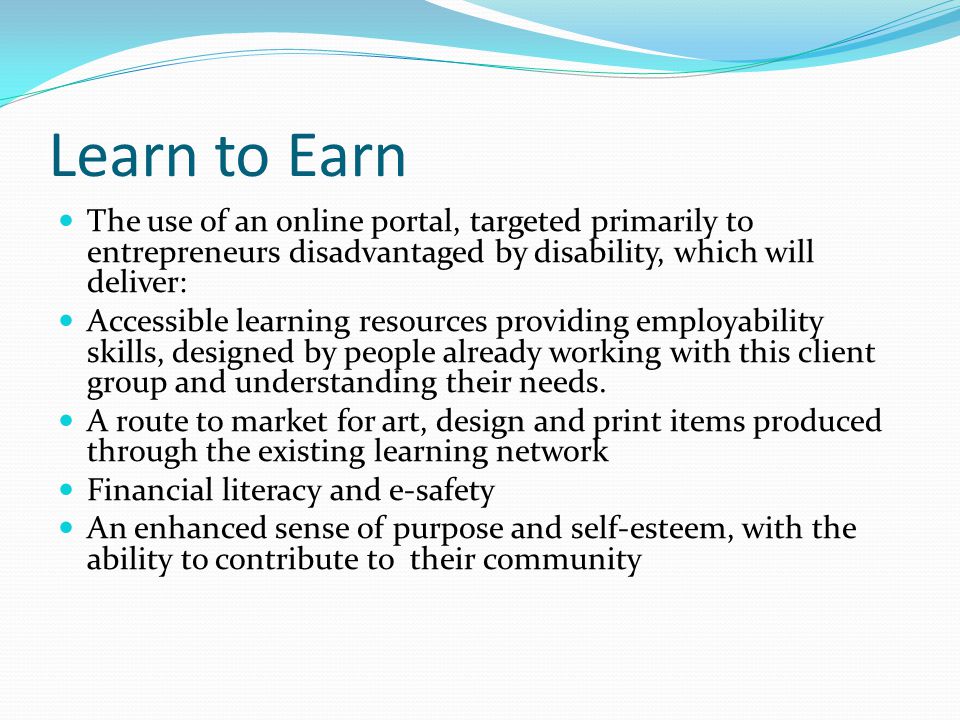 Learn to Earn The use of an online portal, targeted primarily to entrepreneurs disadvantaged by disability, which will deliver: Accessible learning resources providing employability skills, designed by people already working with this client group and understanding their needs.