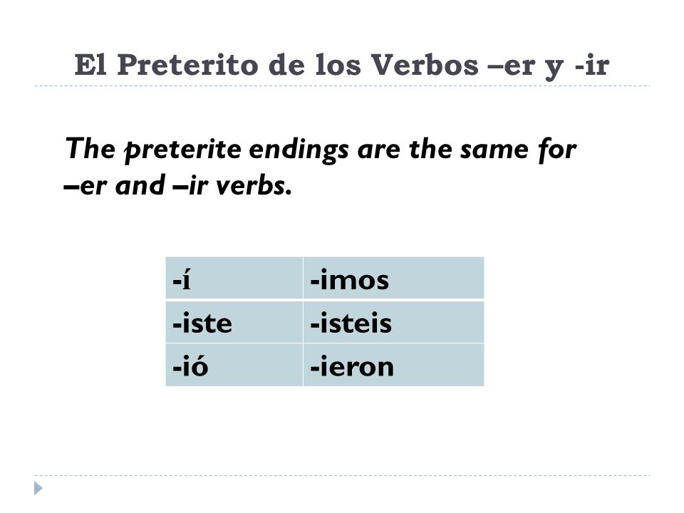 El Preterito de los Verbos –er y -ir -í-í -imos -iste-isteis -ió-ieron The preterite endings are the same for –er and –ir verbs.