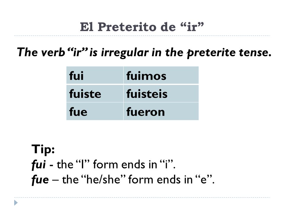 El Preterito de ir fuifuimos fuistefuisteis fuefueron The verb ir is irregular in the preterite tense.