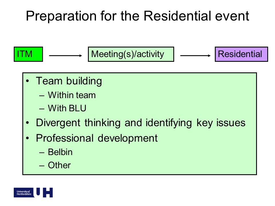 Preparation for the Residential event Team building –Within team –With BLU Divergent thinking and identifying key issues Professional development –Belbin –Other ResidentialITMMeeting(s)/activity