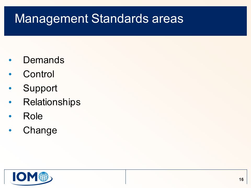 16 Management Standards areas Demands Control Support Relationships Role Change
