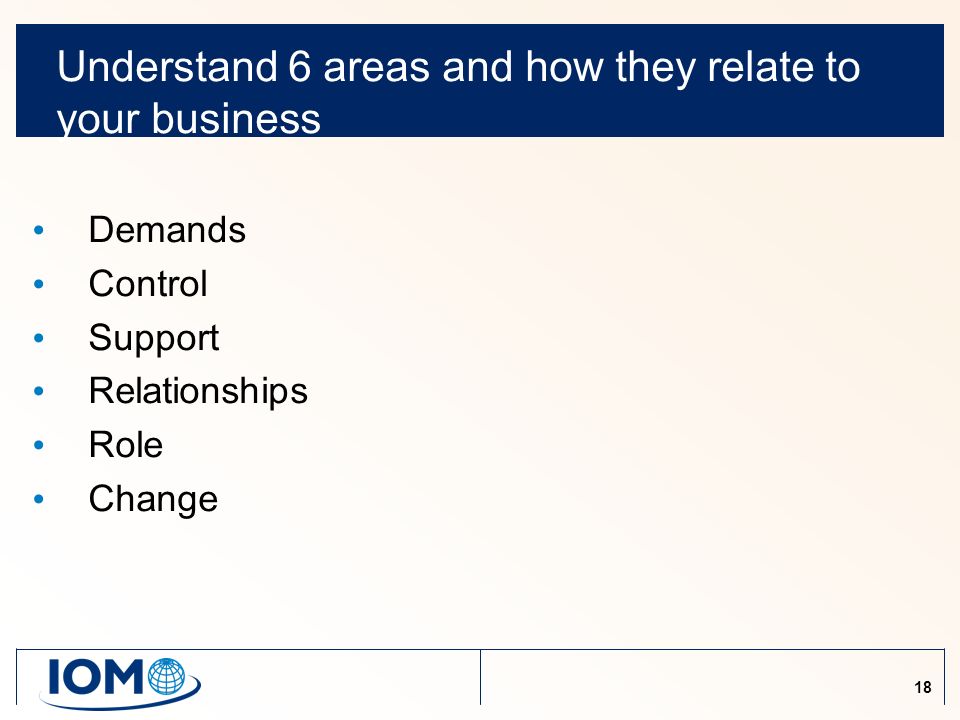 18 Understand 6 areas and how they relate to your business Demands Control Support Relationships Role Change