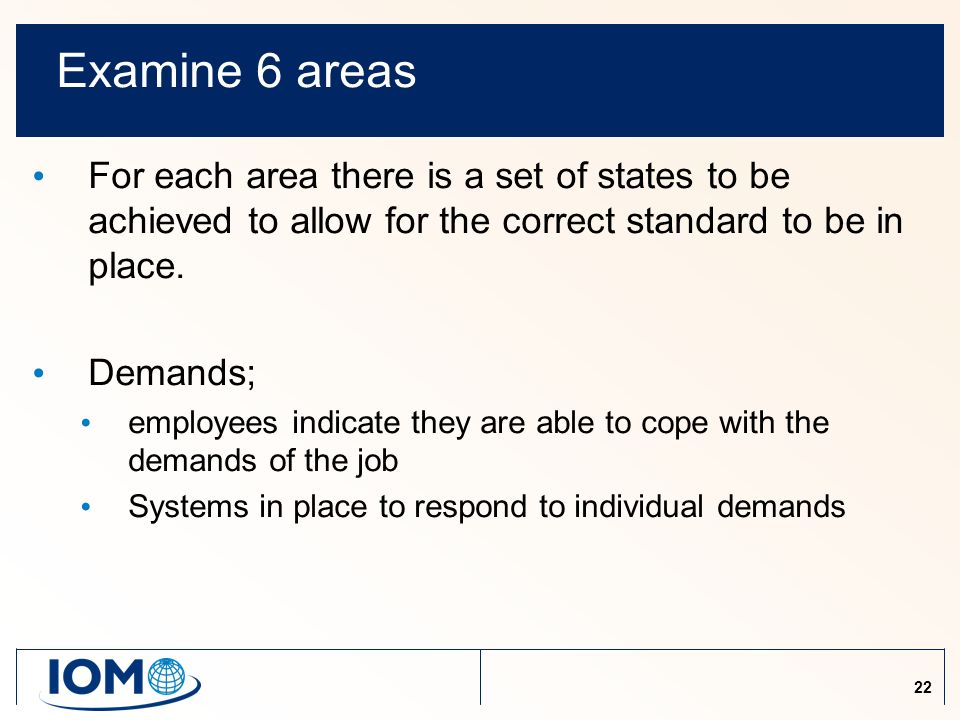 22 Examine 6 areas For each area there is a set of states to be achieved to allow for the correct standard to be in place.