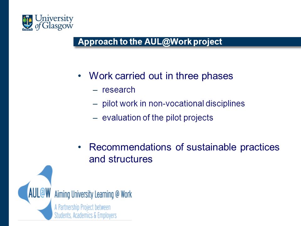 Approach to the project Work carried out in three phases –research –pilot work in non-vocational disciplines –evaluation of the pilot projects Recommendations of sustainable practices and structures