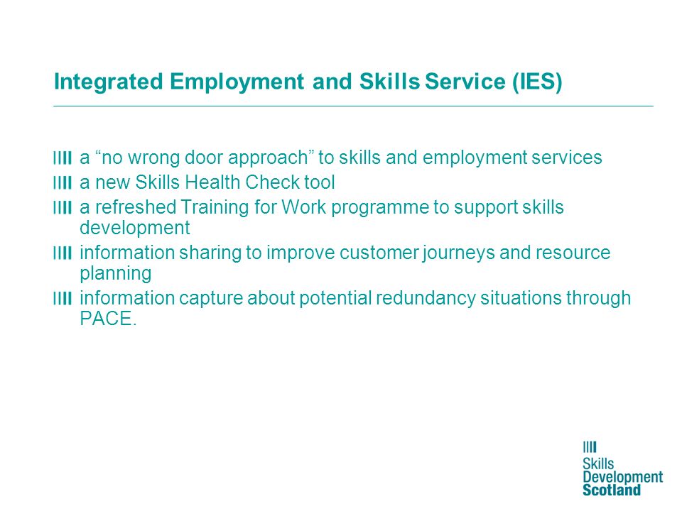 Integrated Employment and Skills Service (IES) a no wrong door approach to skills and employment services a new Skills Health Check tool a refreshed Training for Work programme to support skills development information sharing to improve customer journeys and resource planning information capture about potential redundancy situations through PACE.