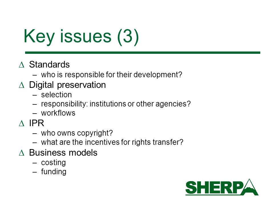 Key issues (3) Standards –who is responsible for their development.