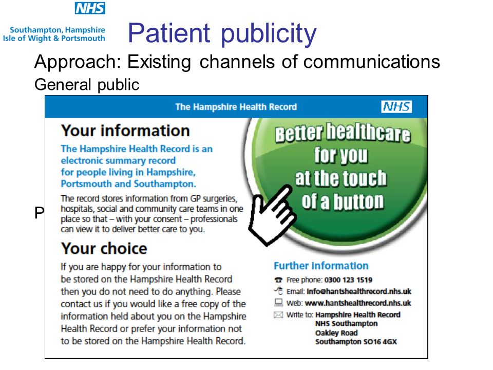 Patient publicity Approach: Existing channels of communications General public PPSA GP registration letter includes paragraph on the HHR Regular adverts in Hampshire Now, City view and Flagship leaflets via Health checks campaign 6000 leaflets distributed through the local authority 2000 Patient links news letters include HHR leaflet 1500 Leaflets distributed around SUHT Point of care communications Leaflets and posters sent to all GPs for waiting areas GP newsletters, message boards, check in screens, prescriptions At the point of access, patients are informed about the HHR