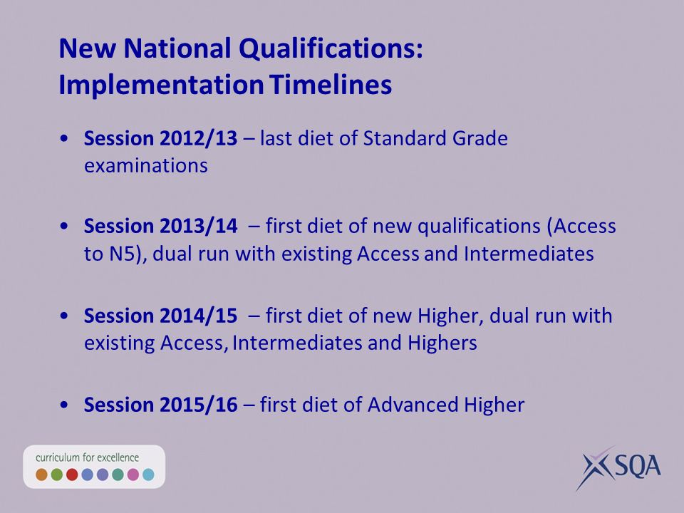 New National Qualifications: Implementation Timelines Session 2012/13 – last diet of Standard Grade examinations Session 2013/14 – first diet of new qualifications (Access to N5), dual run with existing Access and Intermediates Session 2014/15 – first diet of new Higher, dual run with existing Access, Intermediates and Highers Session 2015/16 – first diet of Advanced Higher