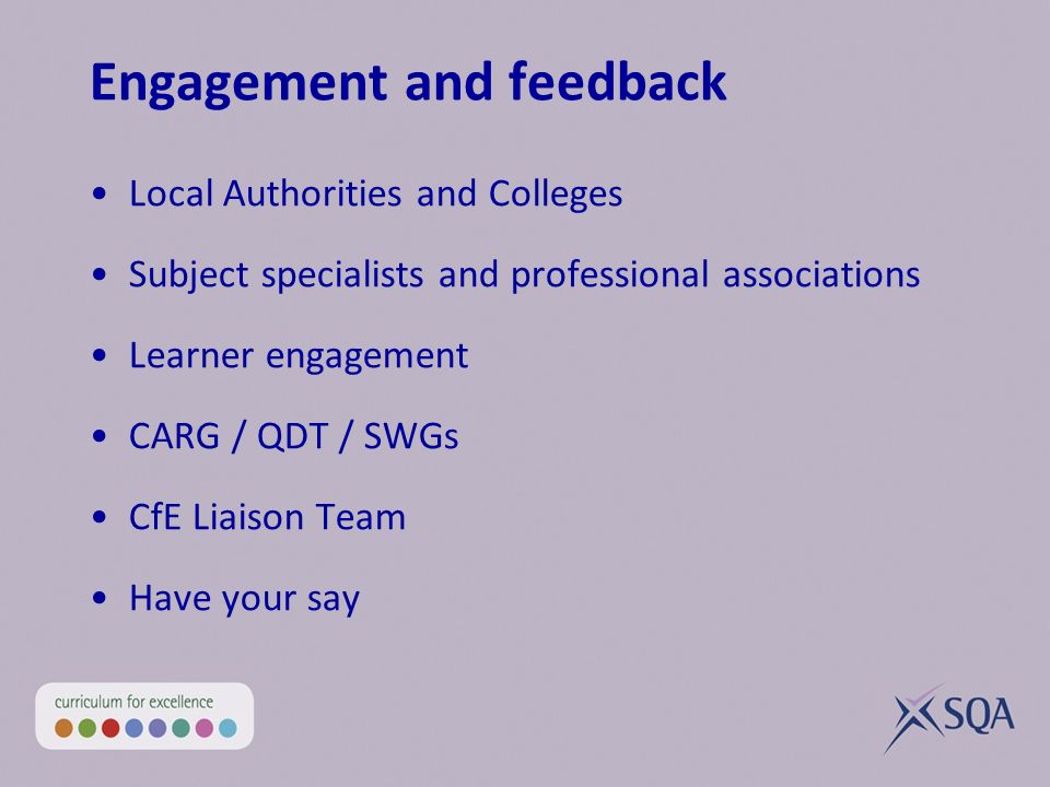 Engagement and feedback Local Authorities and Colleges Subject specialists and professional associations Learner engagement CARG / QDT / SWGs CfE Liaison Team Have your say