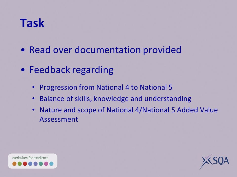 Task Read over documentation provided Feedback regarding Progression from National 4 to National 5 Balance of skills, knowledge and understanding Nature and scope of National 4/National 5 Added Value Assessment