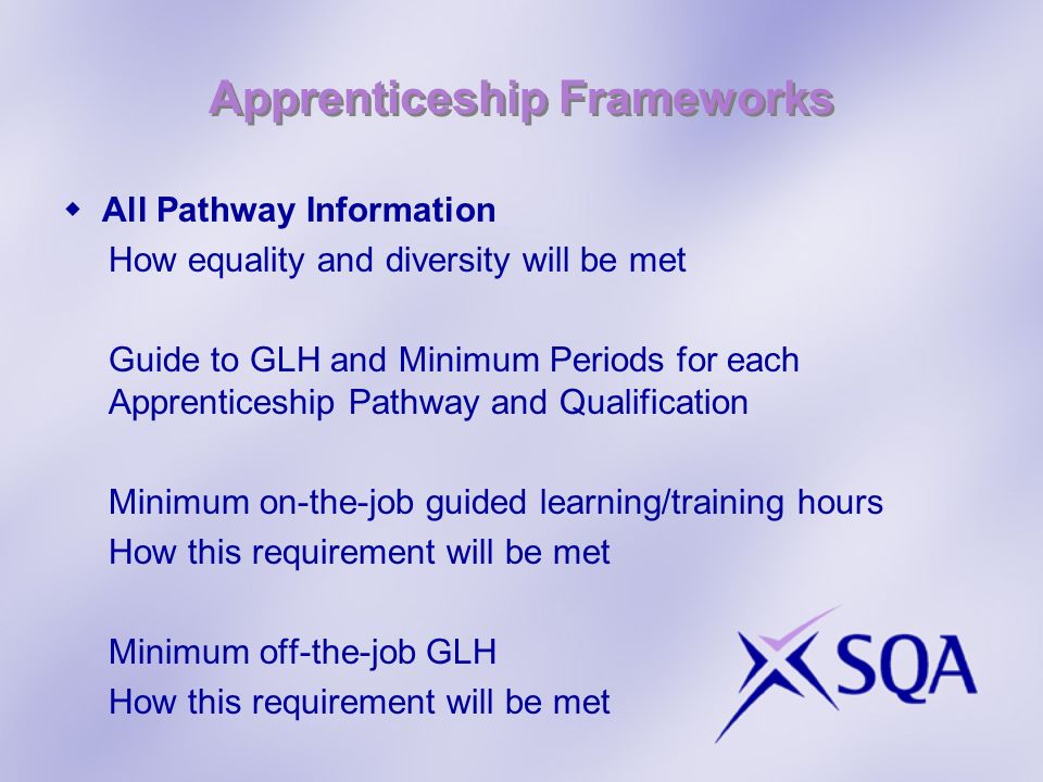 Apprenticeship Frameworks All Pathway Information How equality and diversity will be met Guide to GLH and Minimum Periods for each Apprenticeship Pathway and Qualification Minimum on-the-job guided learning/training hours How this requirement will be met Minimum off-the-job GLH How this requirement will be met