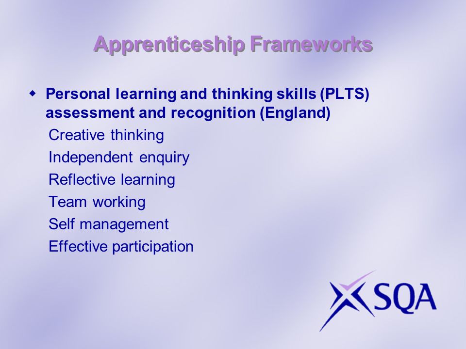 Apprenticeship Frameworks Personal learning and thinking skills (PLTS) assessment and recognition (England) Creative thinking Independent enquiry Reflective learning Team working Self management Effective participation