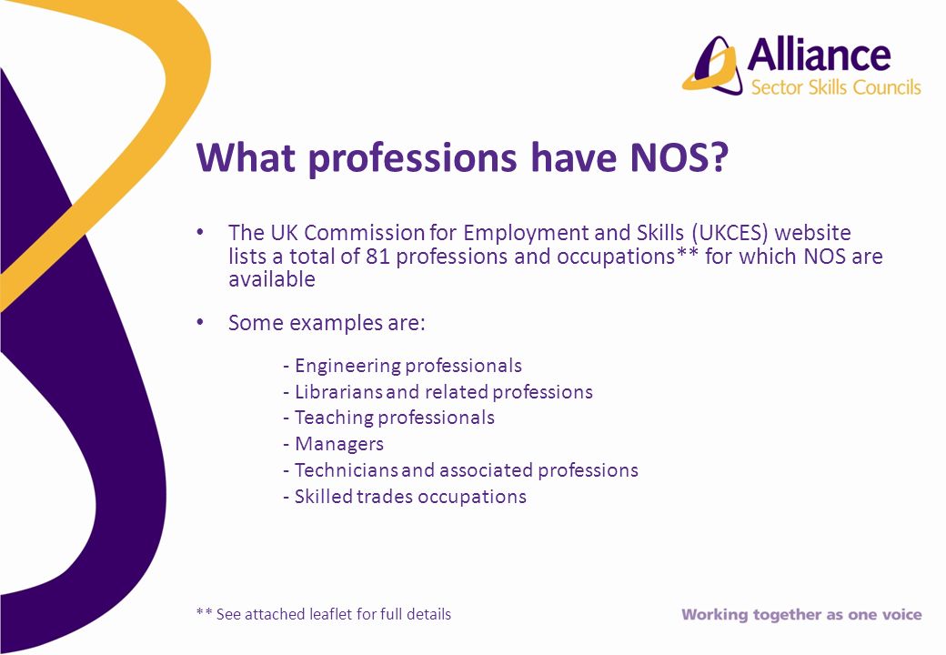 The UK Commission for Employment and Skills (UKCES) website lists a total of 81 professions and occupations** for which NOS are available Some examples are: - Engineering professionals - Librarians and related professions - Teaching professionals - Managers - Technicians and associated professions - Skilled trades occupations ** See attached leaflet for full details What professions have NOS