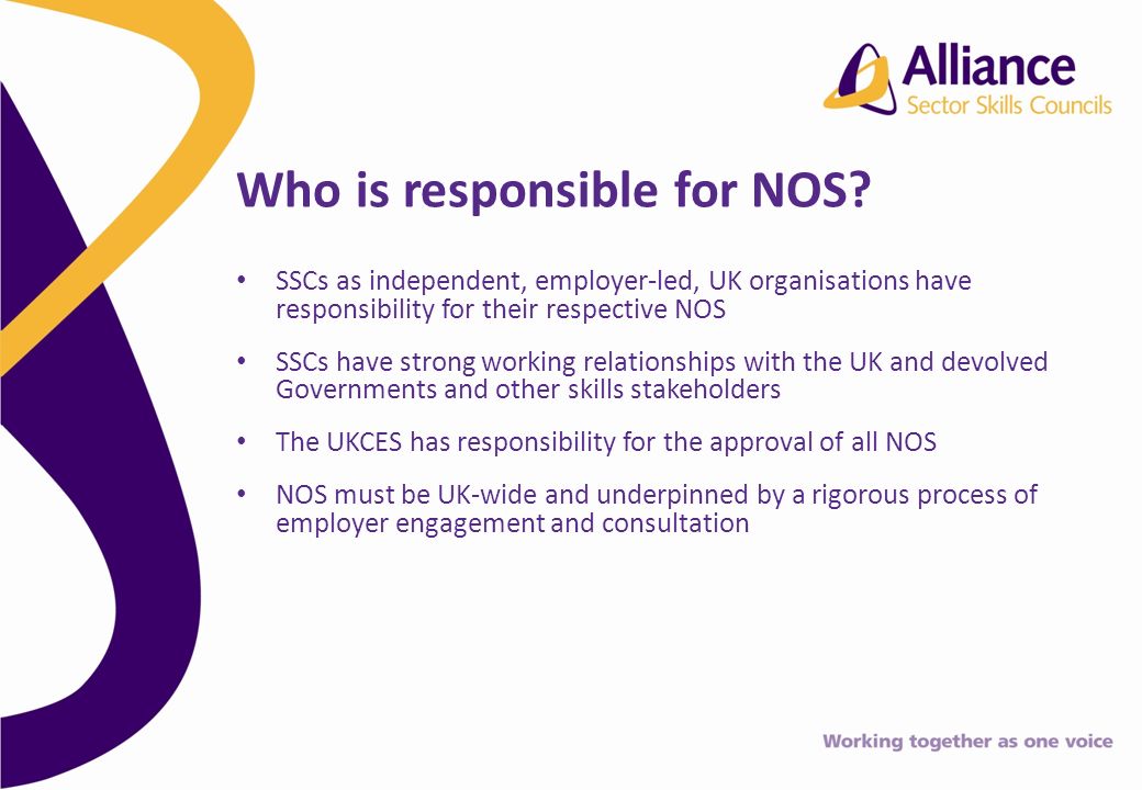 SSCs as independent, employer-led, UK organisations have responsibility for their respective NOS SSCs have strong working relationships with the UK and devolved Governments and other skills stakeholders The UKCES has responsibility for the approval of all NOS NOS must be UK-wide and underpinned by a rigorous process of employer engagement and consultation Who is responsible for NOS