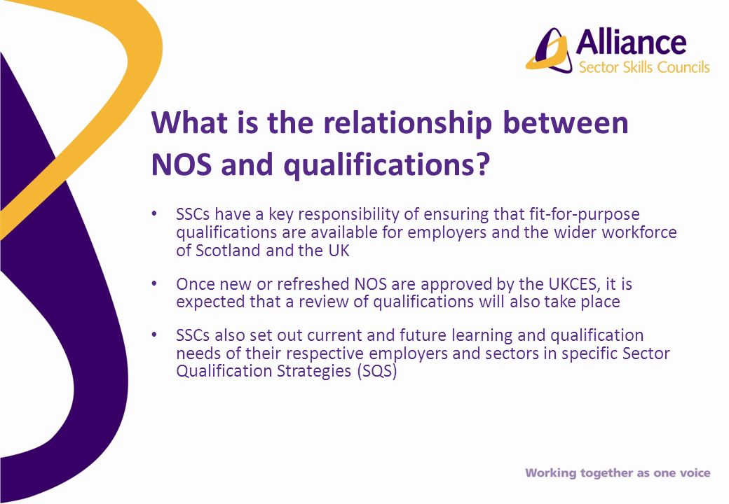 SSCs have a key responsibility of ensuring that fit-for-purpose qualifications are available for employers and the wider workforce of Scotland and the UK Once new or refreshed NOS are approved by the UKCES, it is expected that a review of qualifications will also take place SSCs also set out current and future learning and qualification needs of their respective employers and sectors in specific Sector Qualification Strategies (SQS) What is the relationship between NOS and qualifications