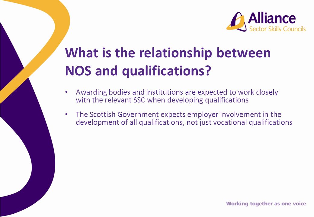 Awarding bodies and institutions are expected to work closely with the relevant SSC when developing qualifications The Scottish Government expects employer involvement in the development of all qualifications, not just vocational qualifications What is the relationship between NOS and qualifications